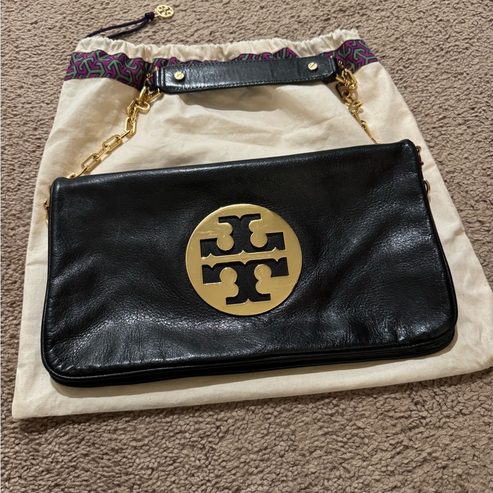 Tory Burch Black and Gold Clutch with Logo